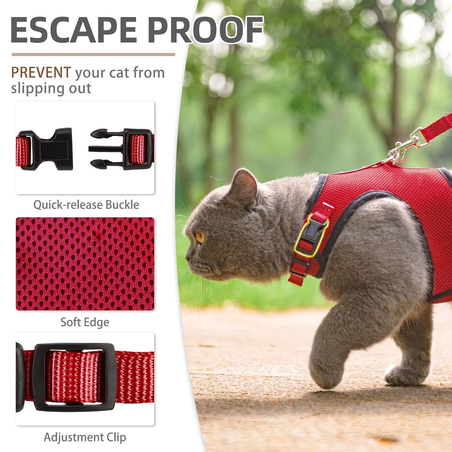 PUPTECK PUPTECK Soft Mesh Cat Vest Harness and Leash Set Escape Proof for Small Dogs and Cats Red Medium - View 3 of 7