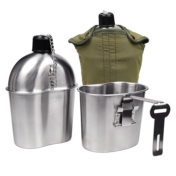 Goetland Goetland WWII US Army Canteen Kit: 1QT Stainless Steel Bottle & 0.5QT Cup with Nylon Pouch - Durable Military Gear