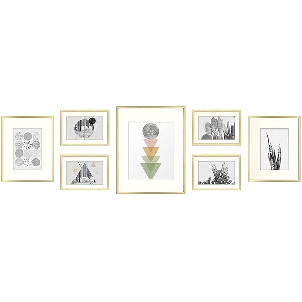 Golden State Art Golden State Art Set of 7 Aluminum Photo Frames with Ivory Mat & Real Glass - Elegant Gold Metal Wall Collection