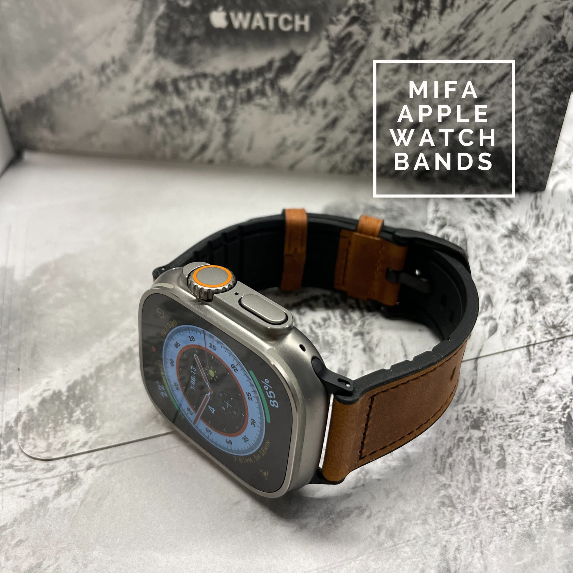 MODERN IDEAS FROM ABROAD Mifa Leather Silicone Hybrid Apple Watch Band 49mm 46mm 45mm 44mm Vintage Sports Strap for Men Women Series Ultra 10 9 SE Brown - View 2 of 9