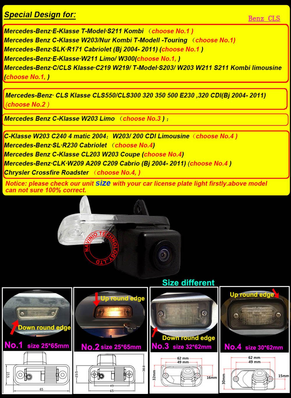 Navinio Waterproof Backup Camera for Mercedes C E CLS Class 170 Degree Angle Rear View License Plate Camera W203 W211 W219 W209 SLK R171 - View 3 of 7