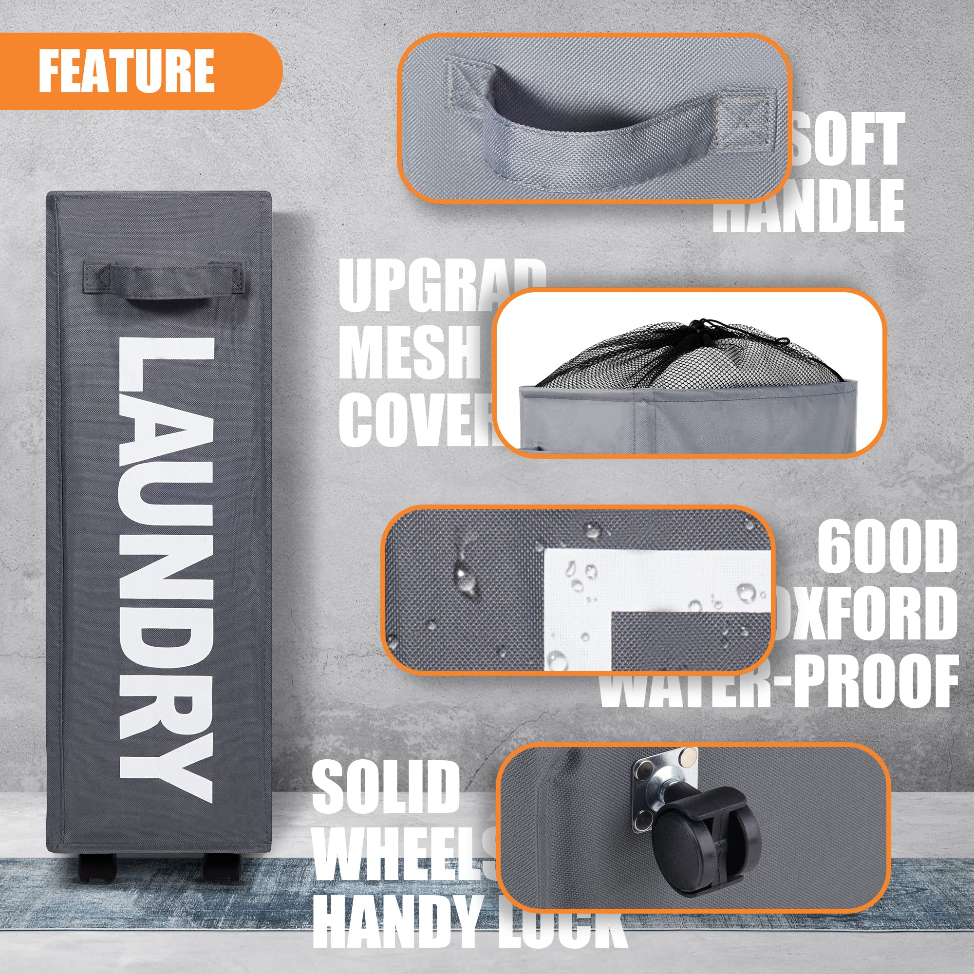 "Caroeas 22" Rolling Slim Laundry Basket - Foldable Waterproof Sorter on Wheels for Easy Organization (Beige)" - View 3 of 7