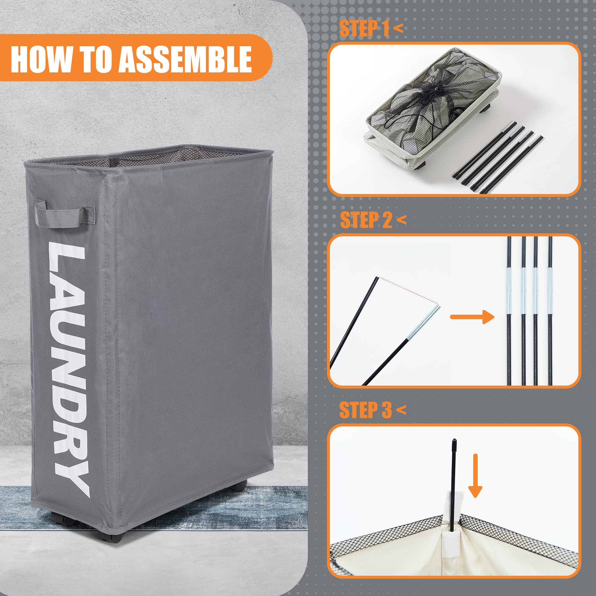 "Caroeas 22" Rolling Slim Laundry Basket - Foldable Waterproof Sorter on Wheels for Easy Organization (Beige)" - View 5 of 7