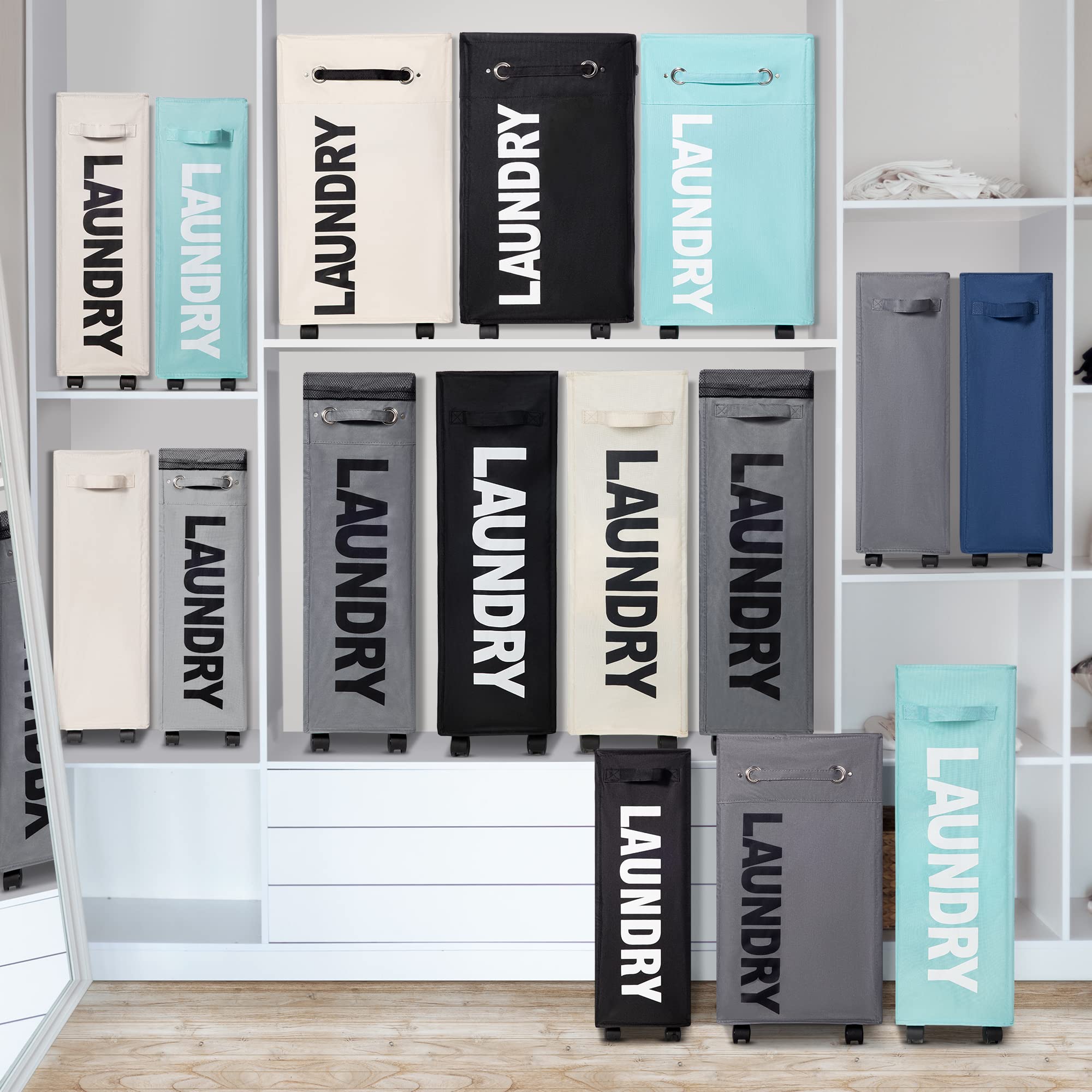 "Caroeas 22" Rolling Slim Laundry Basket - Foldable Waterproof Sorter on Wheels for Easy Organization (Beige)" - View 6 of 7