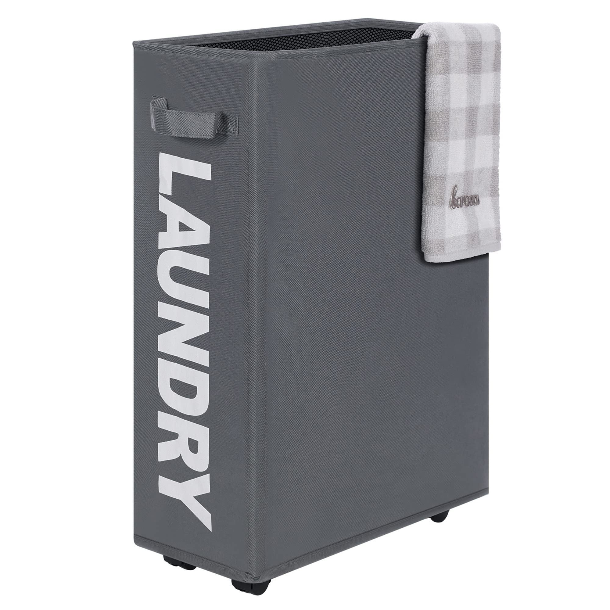 "Caroeas 22" Rolling Slim Laundry Basket - Foldable Waterproof Sorter on Wheels for Easy Organization (Beige)"