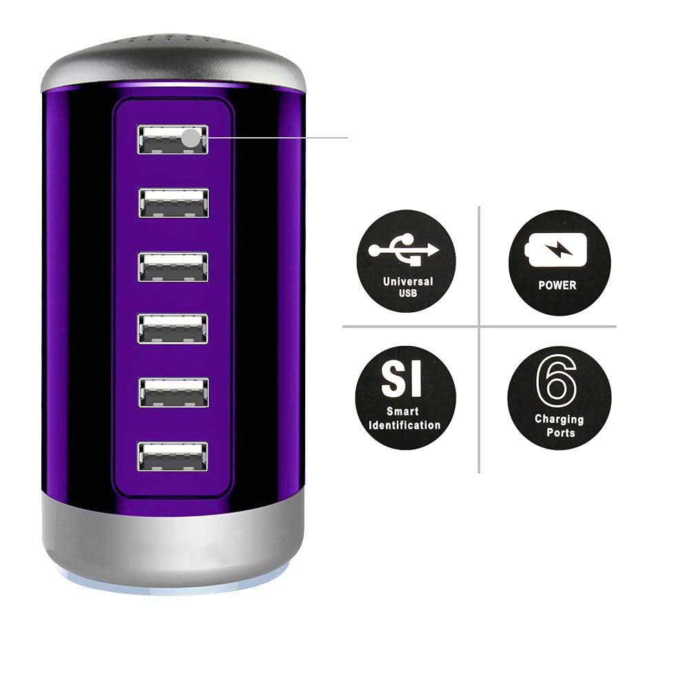 Wyness Universal USB Charger 6-Port Desktop Charging Station Hub Smart Identification Technology for iPhone iPad Cell Phones Tablets Purple - View 2 of 9