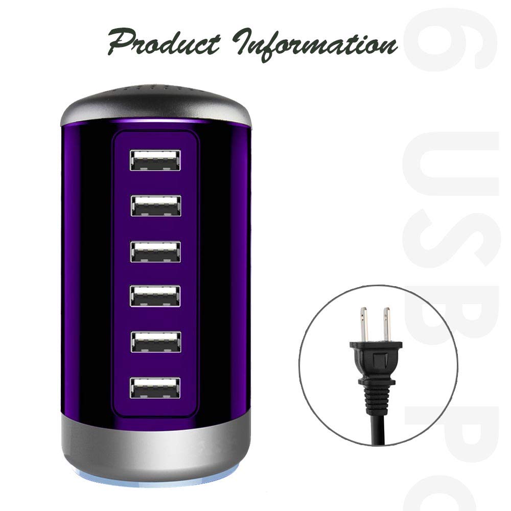 Wyness Universal USB Charger 6-Port Desktop Charging Station Hub Smart Identification Technology for iPhone iPad Cell Phones Tablets Purple - View 3 of 9