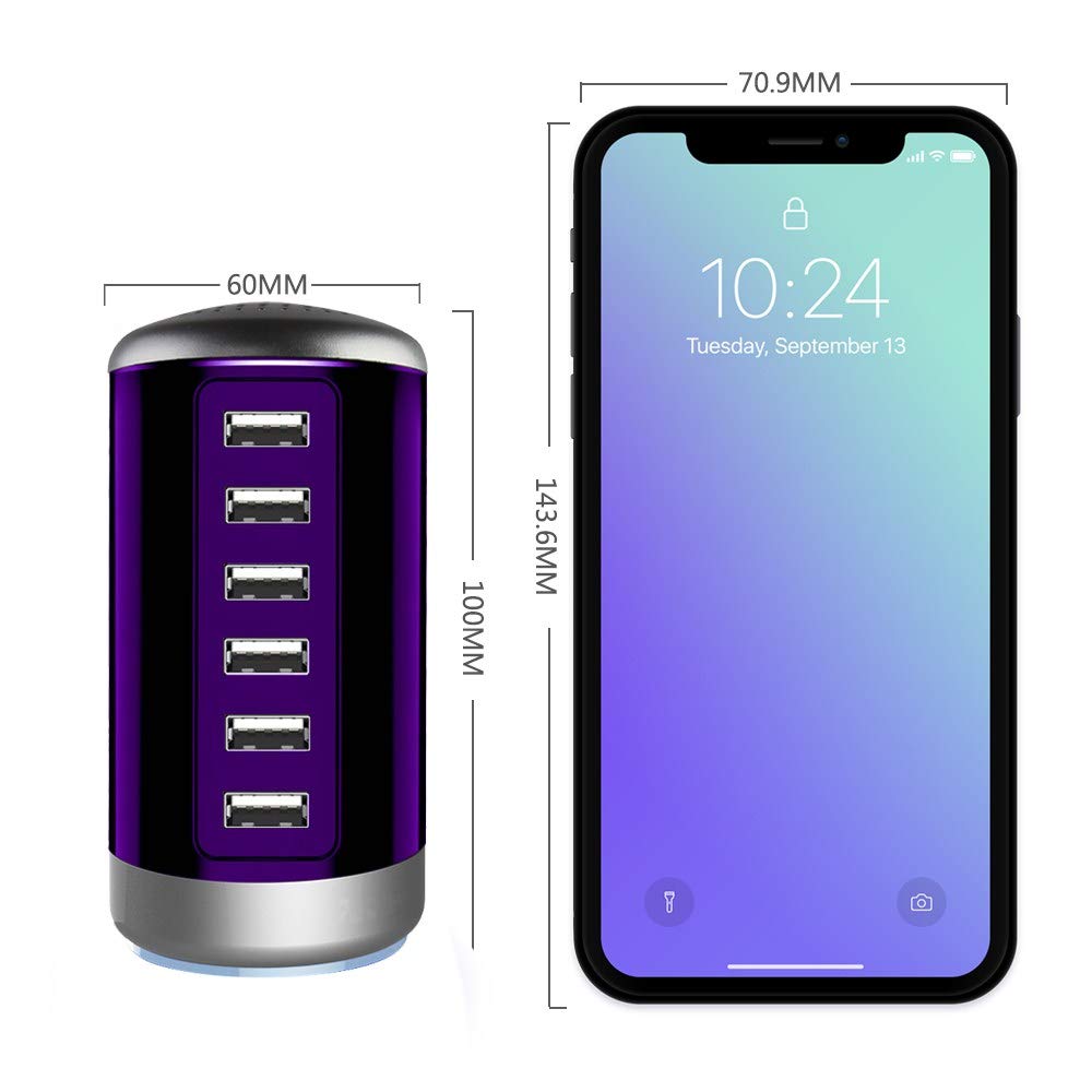 Wyness Universal USB Charger 6-Port Desktop Charging Station Hub Smart Identification Technology for iPhone iPad Cell Phones Tablets Purple - View 5 of 9
