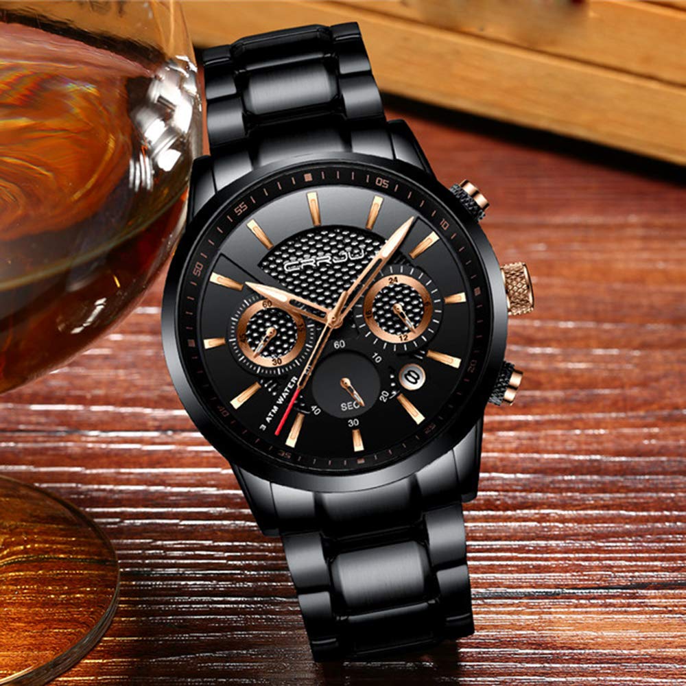 CRRJU CRRJU Men's Business Stainless Steel Wristwatch Black Strap Sport Fashion Quartz Analog Waterproof Chronograph Black Rose Gold - View 3 of 7