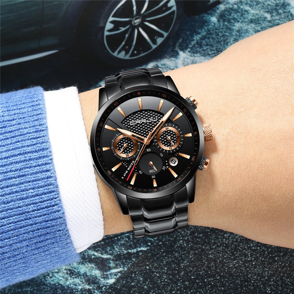 CRRJU CRRJU Men's Business Stainless Steel Wristwatch Black Strap Sport Fashion Quartz Analog Waterproof Chronograph Black Rose Gold - View 7 of 7