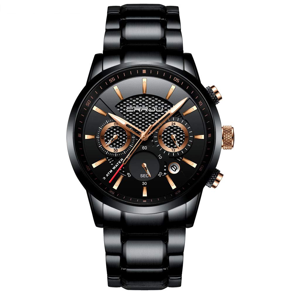 CRRJU CRRJU Men's Business Stainless Steel Wristwatch Black Strap Sport Fashion Quartz Analog Waterproof Chronograph Black Rose Gold