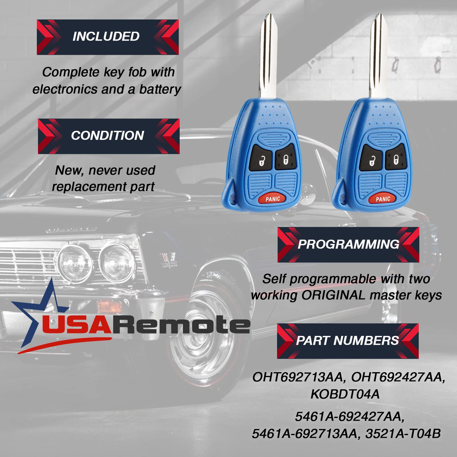 Key Fob Keyless Entry Remote Set of 2 for Chrysler Dodge Jeep Mitsubishi Blue - View 3 of 6