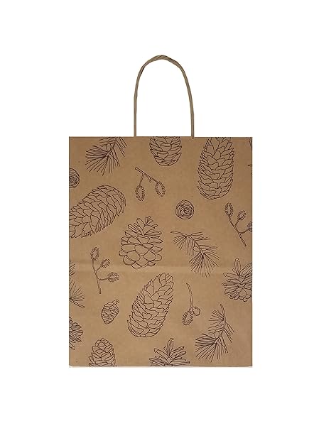 K-Kraft K Kraft Holiday Pine Printed Brown Kraft Bags Medium Set of 13 Made in USA 8 x 10.25 x 4.5 with Brown Kraft Tags