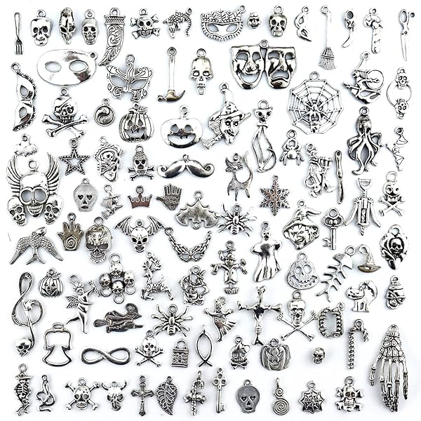 JIALEEY JIALEEY 100 PCS Halloween Skull Skeleton Charms - Silver Plated DIY Jewelry Making & Crafting Supplies