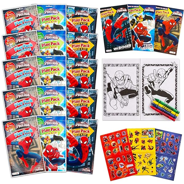 Bendon Set of 15 Spiderman Play Packs Fun Party Favors with Coloring Book Crayons Stickers and Loot Bags for Kids - View 5 of 5