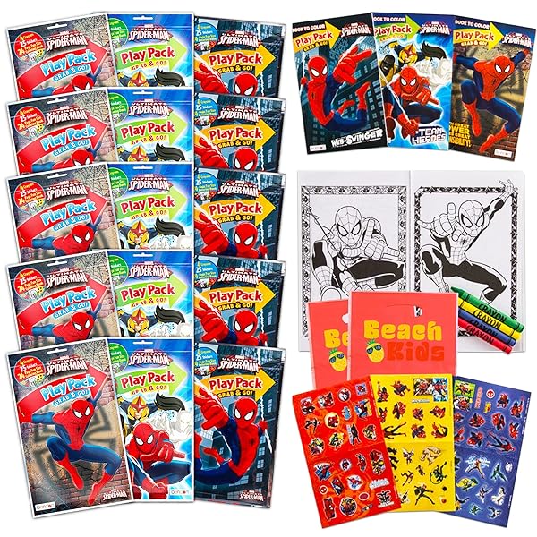 Bendon Set of 15 Spiderman Play Packs Fun Party Favors with Coloring Book Crayons Stickers and Loot Bags for Kids