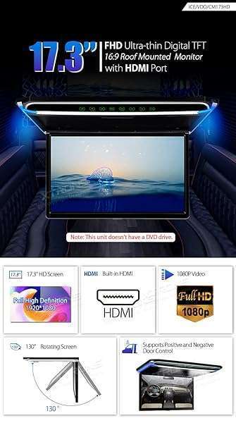 XTRONS "XTRONS 17.3" FHD Car Overhead Monitor - Ultra-Thin 1080P Roof-Mounted Screen with HDMI Port" - View 3 of 9