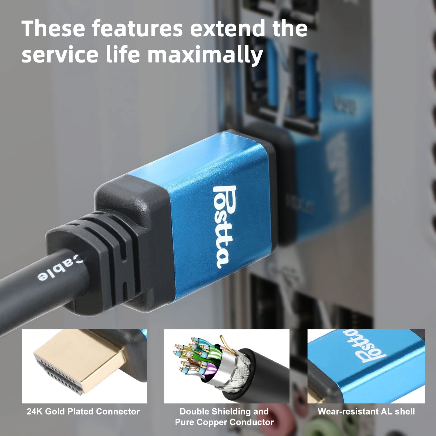 HDMI Cable 75 Feet with Signal Booster Postta HDMI 2.0V Includes Cable Ties and Adapters Supports 3D 1080P Ethernet Audio Return Ultra HD Blue - View 4 of 8