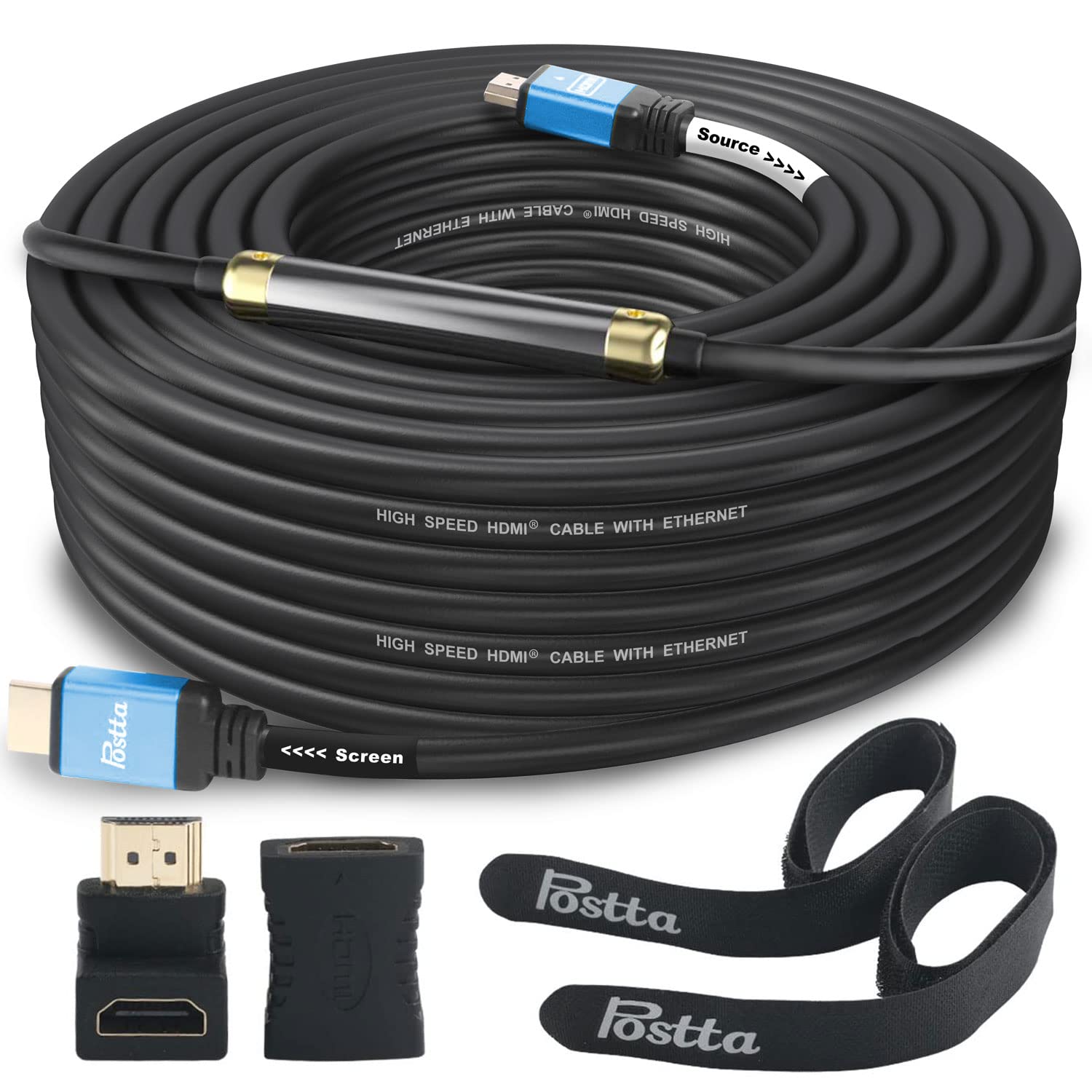 HDMI Cable 75 Feet with Signal Booster Postta HDMI 2.0V Includes Cable Ties and Adapters Supports 3D 1080P Ethernet Audio Return Ultra HD Blue