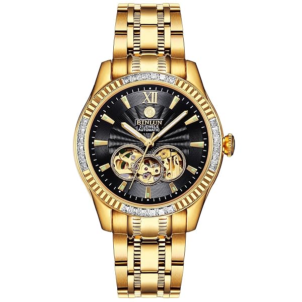 BINLUN Men's 18K Gold Plated Diamond Mechanical Watch - Waterproof Skeleton Design