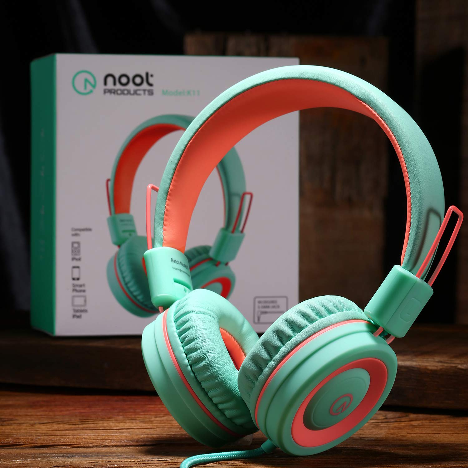 noot products Noot Products Kids Headphones K11 Foldable Stereo Tangle-Free 5ft Cord Wired On-Ear Headset for iPad Kindle Fire School Tablet Laptop Mint Coral - View 2 of 7