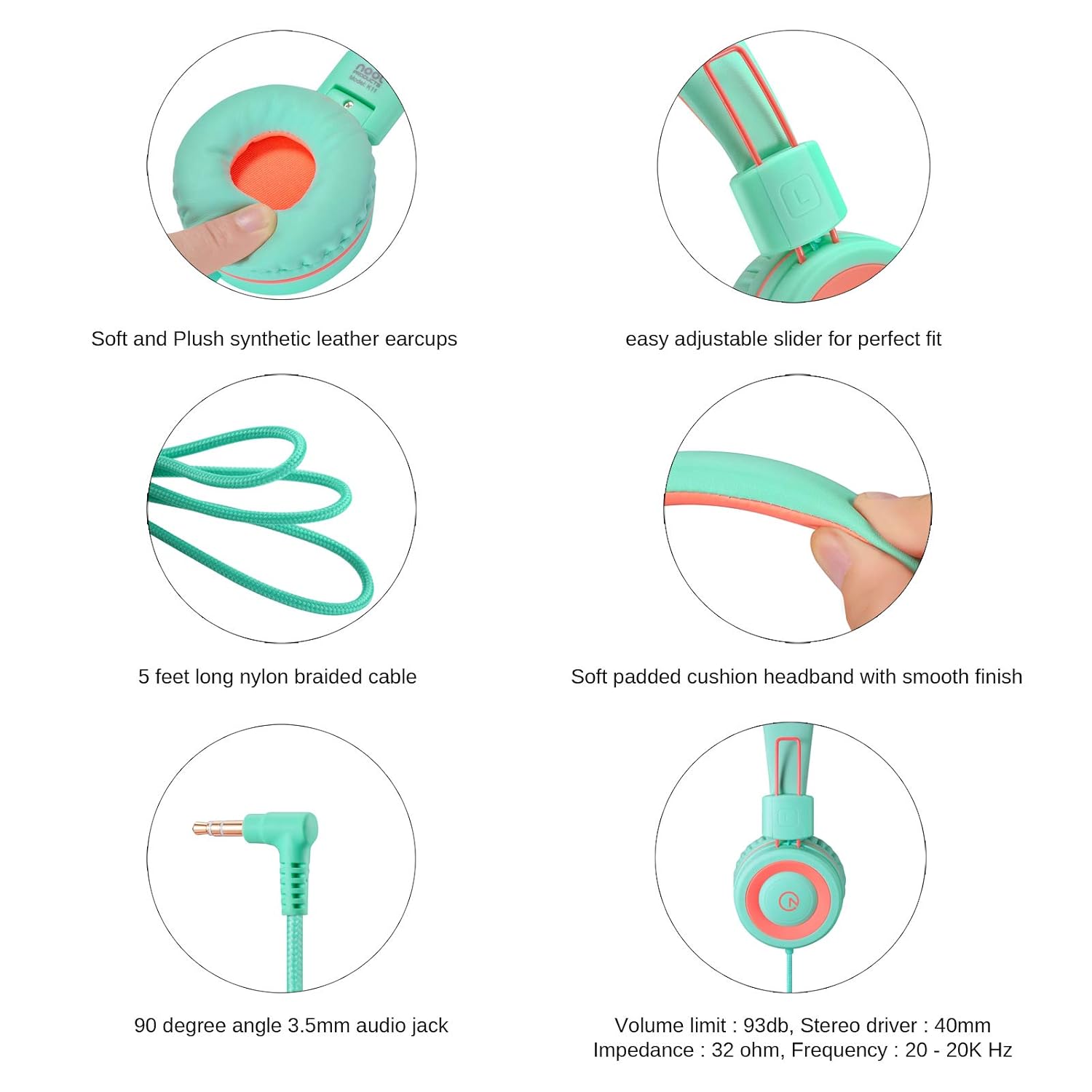 noot products Noot Products Kids Headphones K11 Foldable Stereo Tangle-Free 5ft Cord Wired On-Ear Headset for iPad Kindle Fire School Tablet Laptop Mint Coral - View 4 of 7