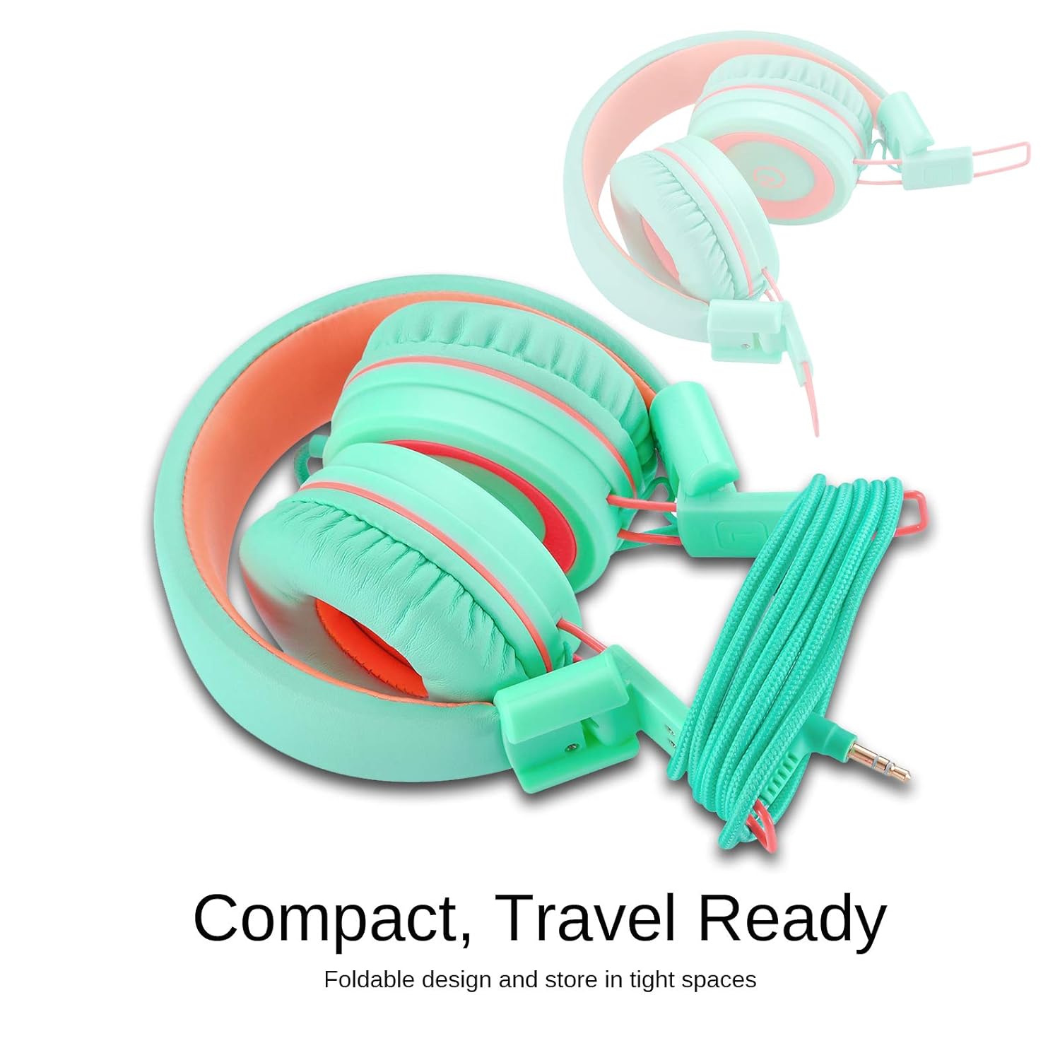 noot products Noot Products Kids Headphones K11 Foldable Stereo Tangle-Free 5ft Cord Wired On-Ear Headset for iPad Kindle Fire School Tablet Laptop Mint Coral - View 5 of 7
