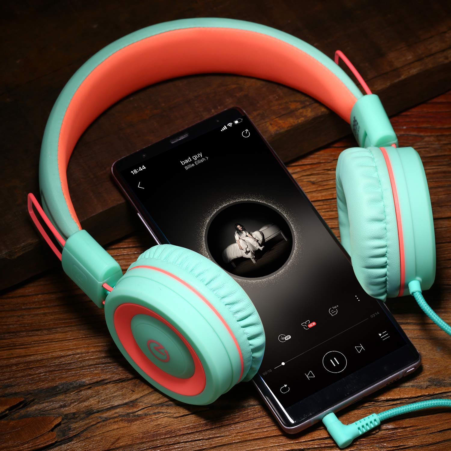 noot products Noot Products Kids Headphones K11 Foldable Stereo Tangle-Free 5ft Cord Wired On-Ear Headset for iPad Kindle Fire School Tablet Laptop Mint Coral - View 7 of 7