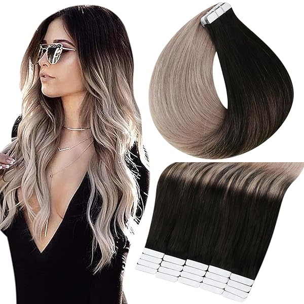 Full Shine Full Shine Tape in Hair Extensions Balayage Remy Human Hair Natural Black Ombre Ash Blonde 16 Inch 50G 20 Pcs Seamless Double Sided