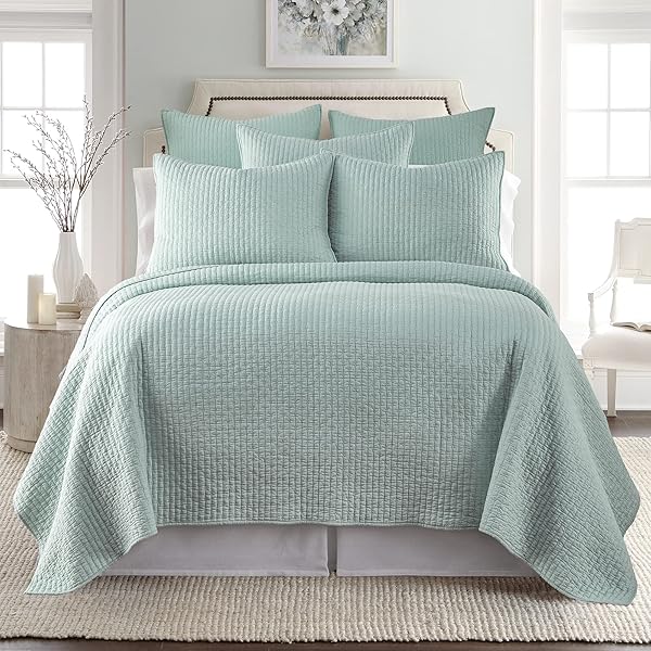 Levtex Home Levtex Home Cross Stitch Blue Haze King Quilt Set 100 Cotton Reversible with 2 King Shams 106x92in Perfect for Stylish Bedroom Decor - View 2 of 6