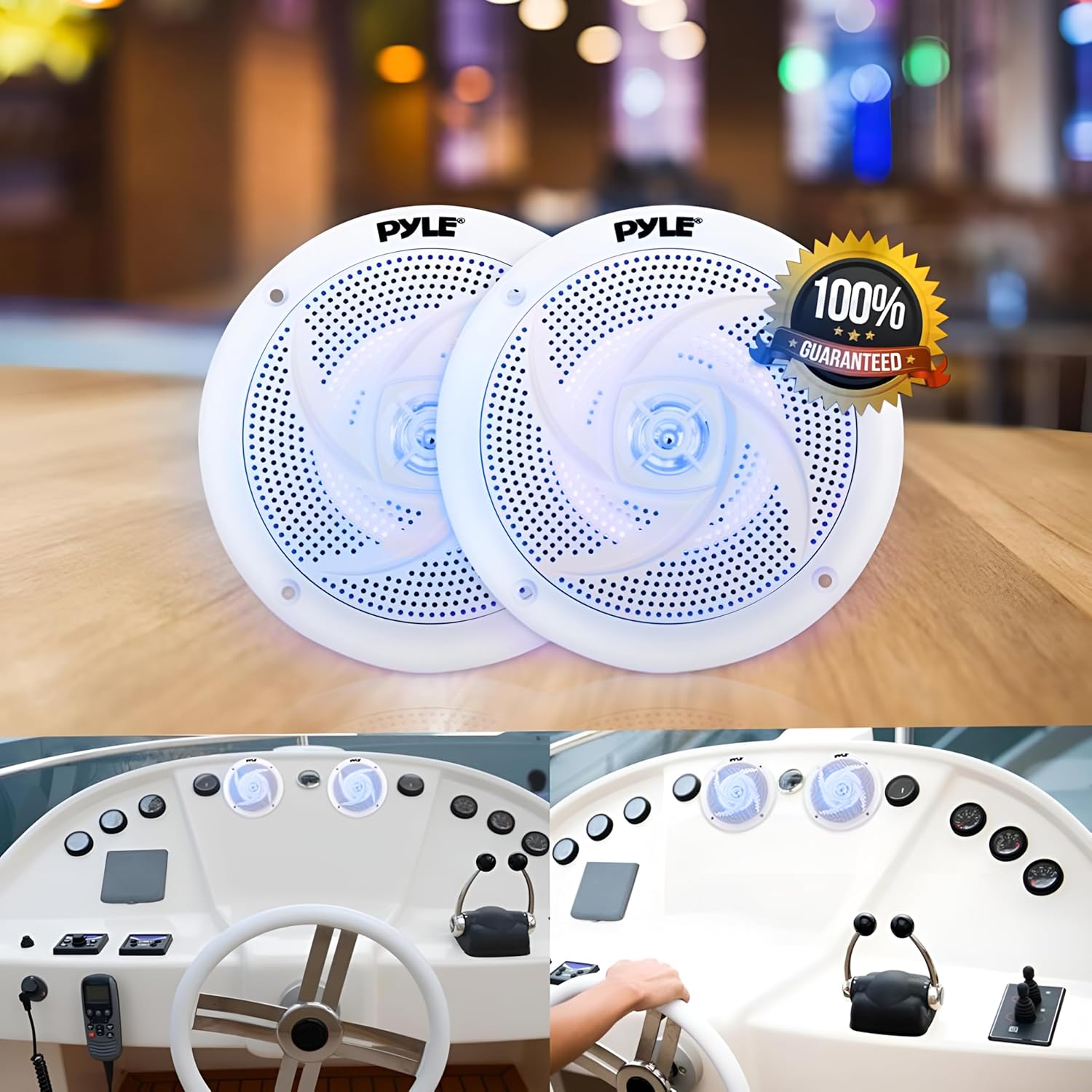 Pyle Pyle Marine Speakers 4 Inch Waterproof Outdoor Audio System with LED Lights 100 Watt Power Low Profile Slim Style 1 Pair PLMRS43WL White - View 6 of 7