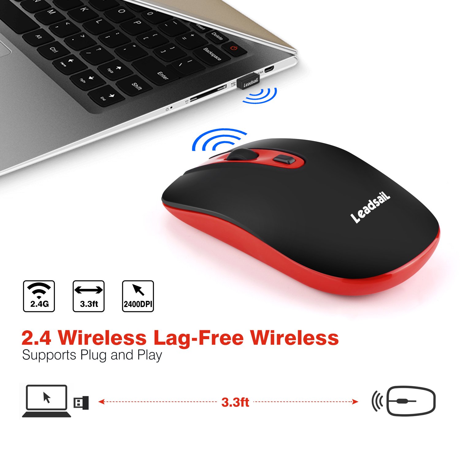 LeadsaiL Silent Wireless Mouse Rechargeable Portable USB Laptop Mouse Noiseless Click 2400DPI 5 Adjustable Levels - View 4 of 6