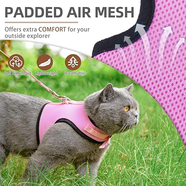 PUPTECK PUPTECK Soft Mesh Cat Vest Harness and Leash Set Escape Proof for Small Dogs and Cats Pink Large - View 2 of 6