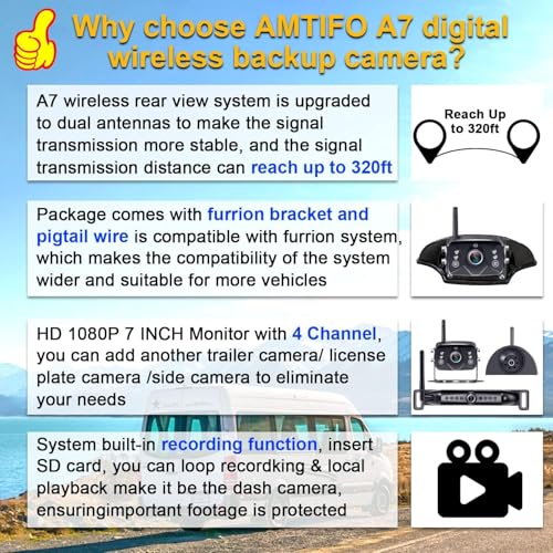 AMTIFO RV Backup Camera Wireless Easy Install for Furrion Pre-Wired RVs with 7 Inch HD Monitor 1080P DVR Night Vision IP69K Waterproof AMTIFO A7 - View 2 of 8