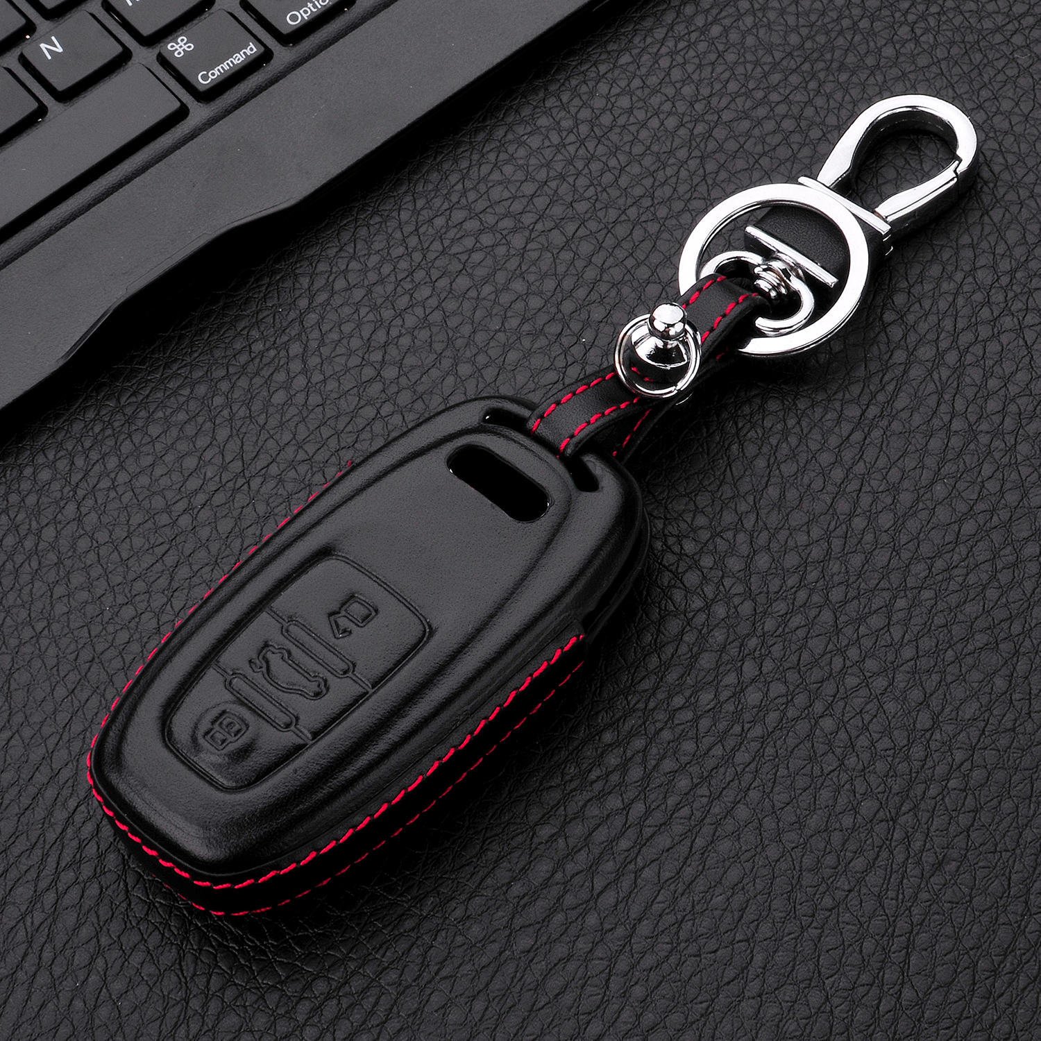 M.JVisun Genuine Leather Key Fob Case for Audi Smart Key Men Women Black Keychain Holder with Metal Hook and Key Rings Kit - View 5 of 7