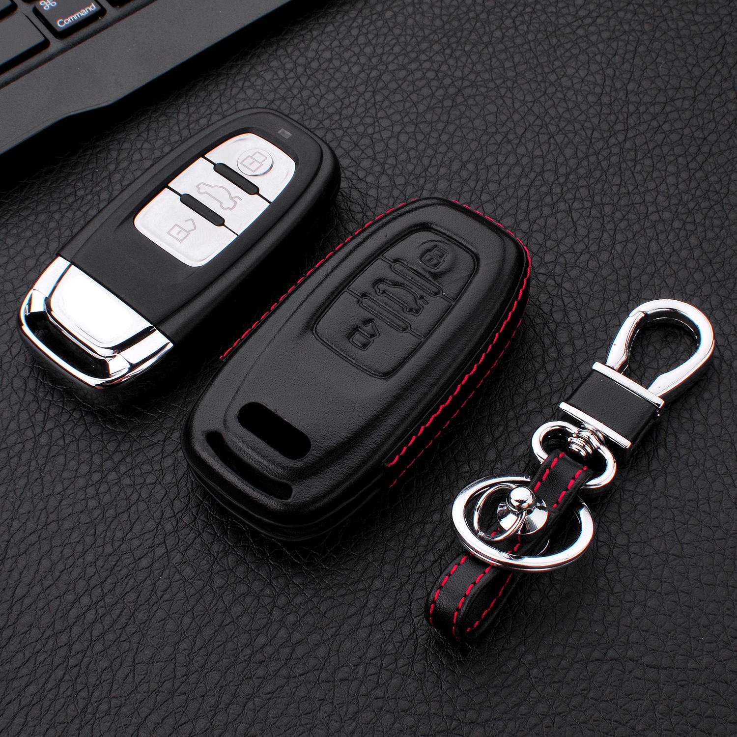 M.JVisun Genuine Leather Key Fob Case for Audi Smart Key Men Women Black Keychain Holder with Metal Hook and Key Rings Kit - View 6 of 7