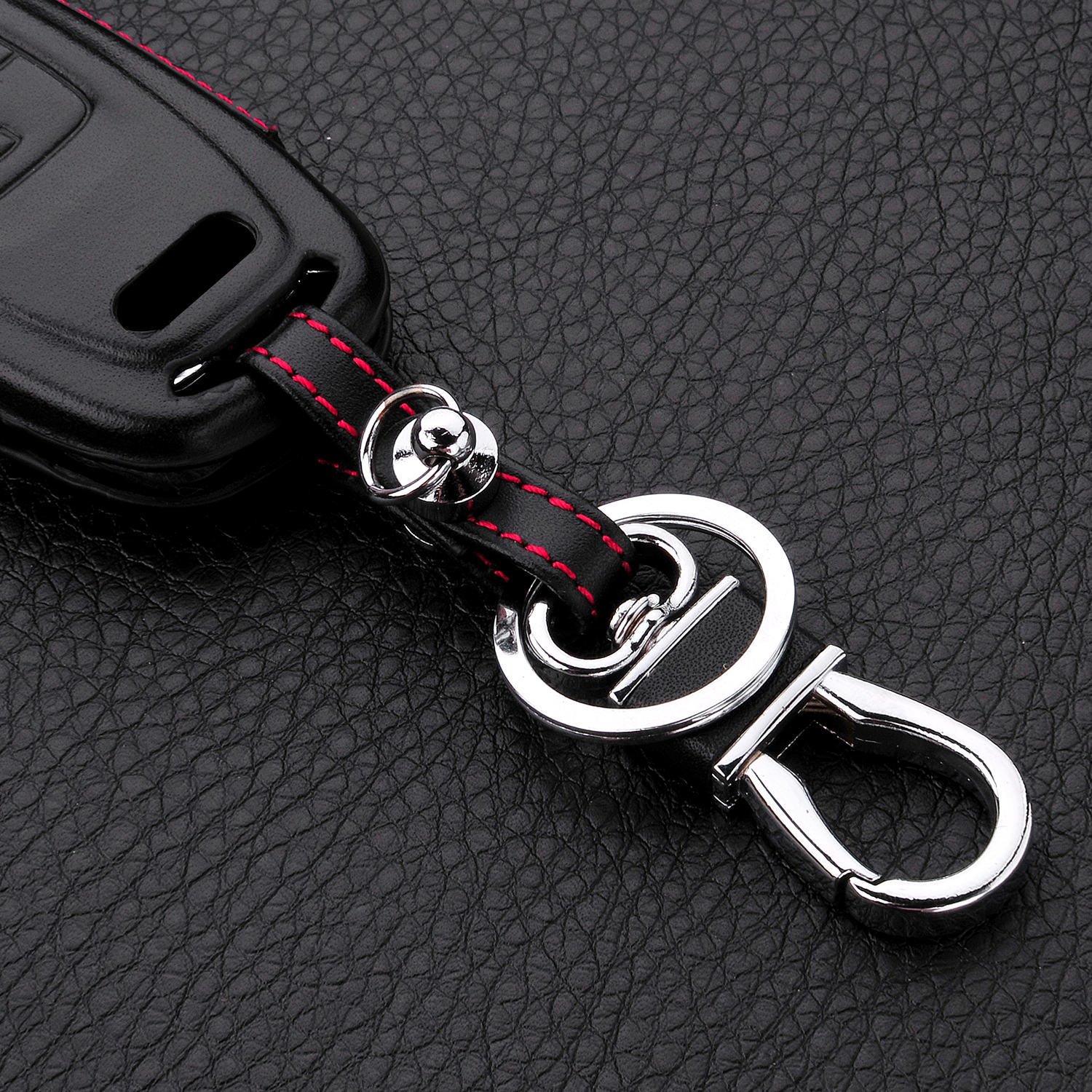 M.JVisun Genuine Leather Key Fob Case for Audi Smart Key Men Women Black Keychain Holder with Metal Hook and Key Rings Kit - View 7 of 7