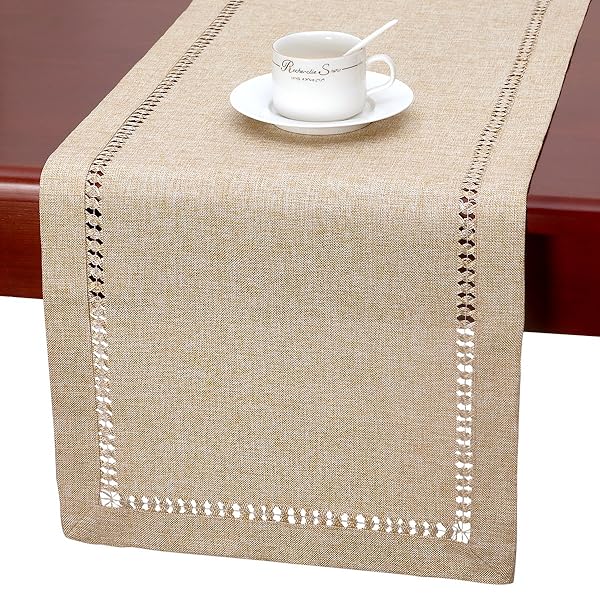Grelucgo Shop Grelucgo Handmade Beige Hemstitch Table Runner | 14x36 Inch Dresser Scarf for Elegant Home Decor
