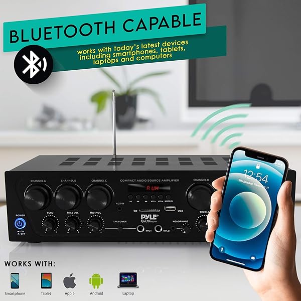 Pyle Pyle Wireless Bluetooth Karaoke-6 Channel 750 Watt Home Audio Sound Power Stereo Receiver Amplifier w/USB, Headphone, 2 Microphone Input w/Echo, Talkover for PA PTA62BT, AUX, Black - View 3 of 6