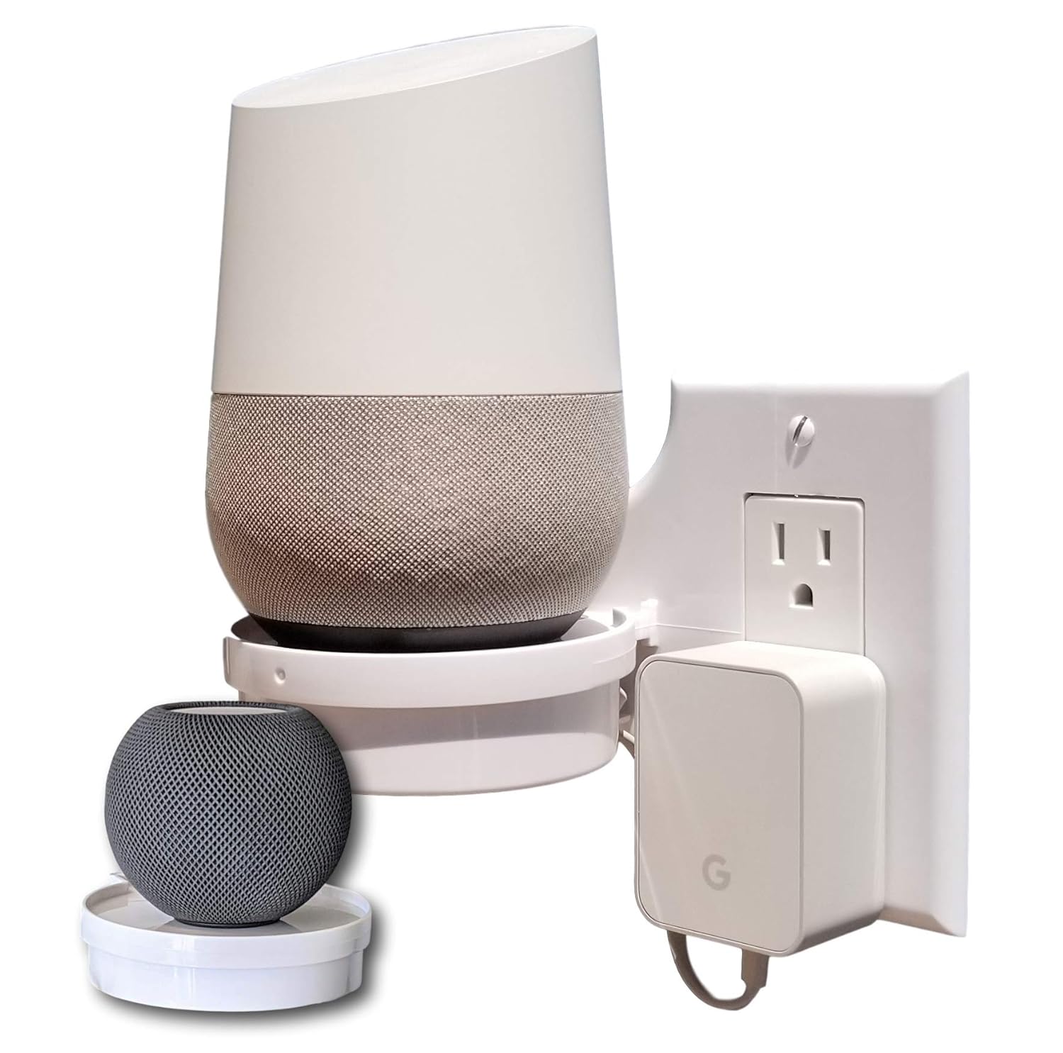 Mount Genie Smart Home Outlet Shelf with Hidden Cord Storage for Google Home Nest Security Cameras and Smart Speakers