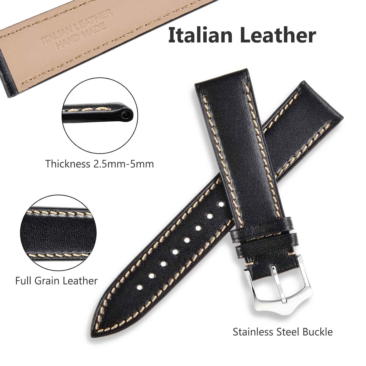 WOCCI WOCCI 18mm Luxury Italian Leather Watch Band with Taper Buckle in Black for Stylish Timepieces - View 5 of 9