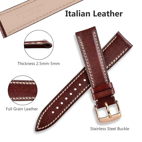 WOCCI WOCCI 22mm Luxury Italian Leather Watch Band Burgundy with Rose Gold Buckle - View 4 of 11