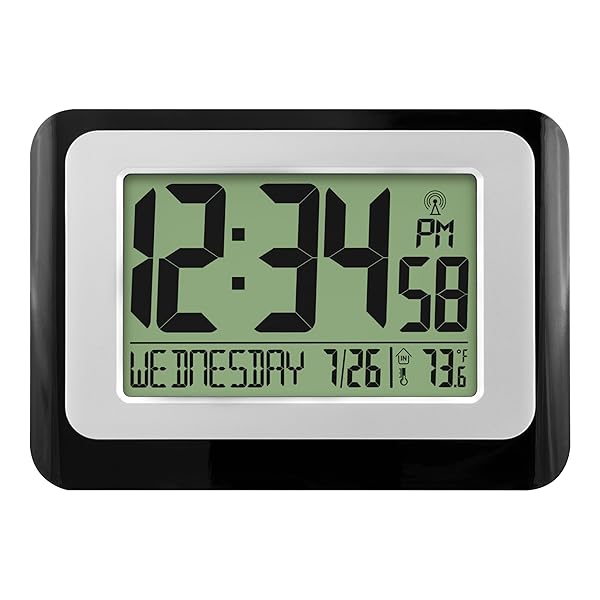 La Crosse Technology La Crosse Technology W88631 Digital Atomic Black Wall Clock with Temperature for Accurate Time and Indoor Climate Monitoring