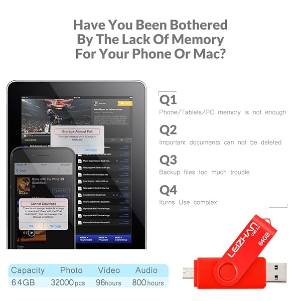 leizhan LEIZHAN 64GB Micro USB OTG Flash Drive for Smartphones and Tablets Compatible with Samsung Galaxy Xiaomi LG Sony OnePlus HTC Meizu Red - View 6 of 9