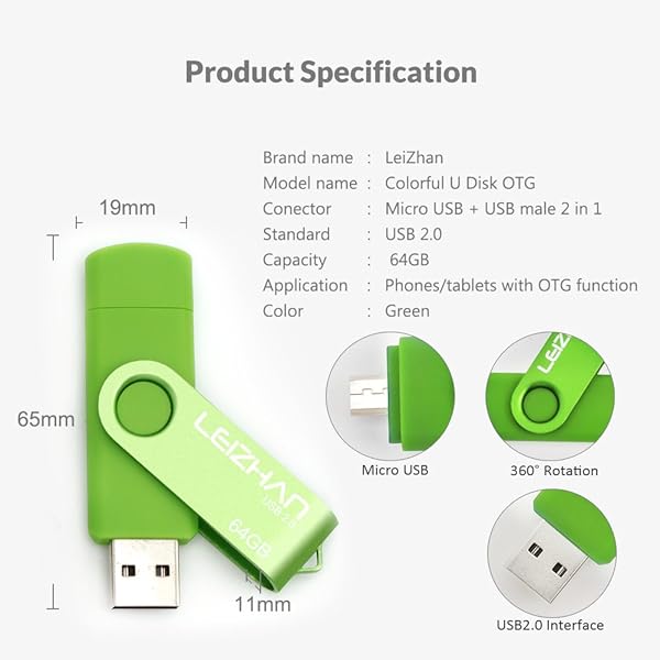 leizhan LEIZHAN 64GB USB Flash Drive Micro Pen Drive for Smartphones Samsung Galaxy Xiaomi LG Sony OnePlus HTC Meizu Green - View 9 of 9