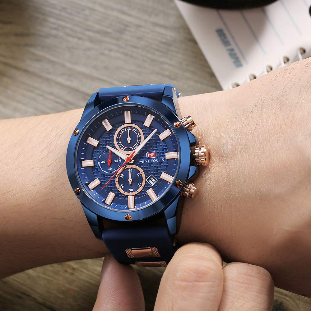 MINI Focus Mens Casual Sports Watch Waterproof Chronograph Luminous Calendar Silicon Band Fashion Quartz Blue for Men - View 2 of 6