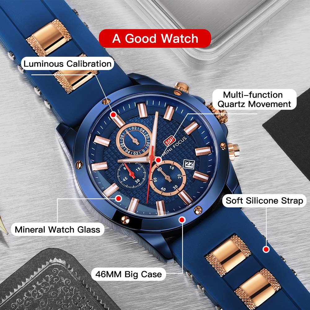 MINI Focus Mens Casual Sports Watch Waterproof Chronograph Luminous Calendar Silicon Band Fashion Quartz Blue for Men - View 3 of 6