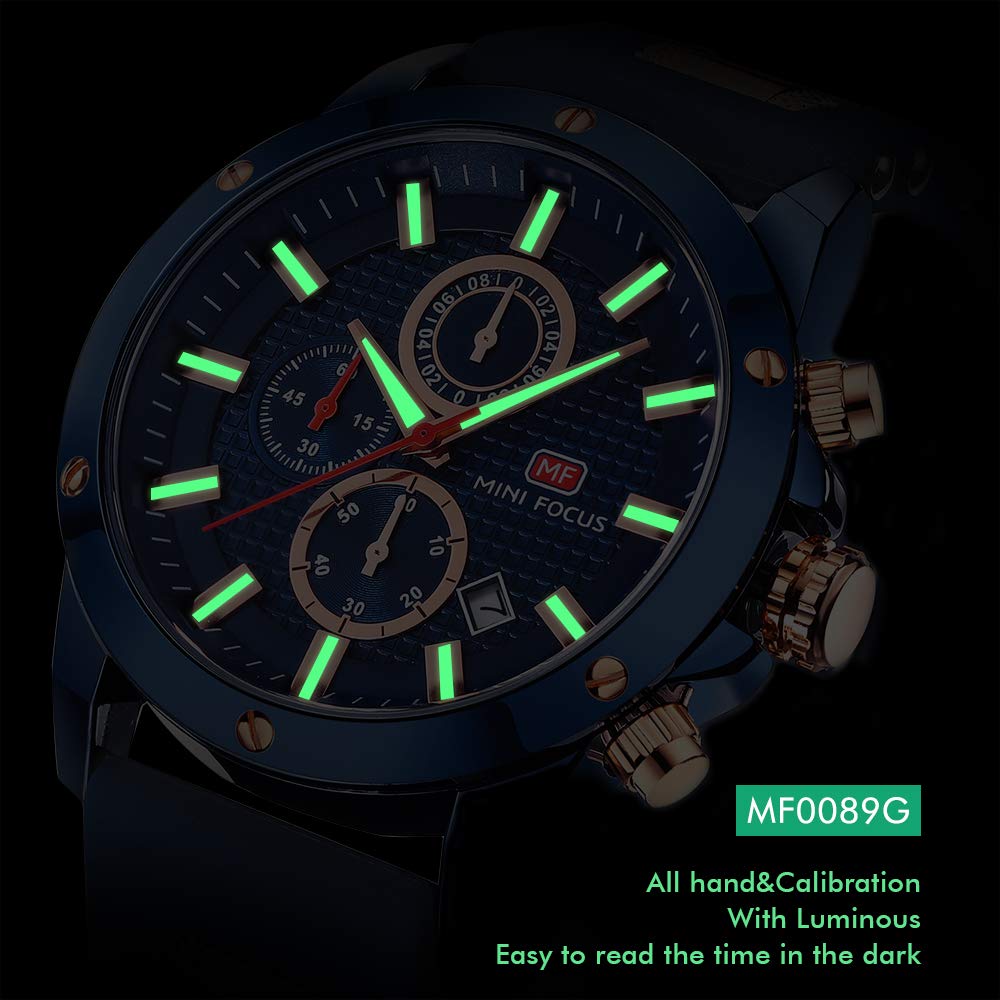 MINI Focus Mens Casual Sports Watch Waterproof Chronograph Luminous Calendar Silicon Band Fashion Quartz Blue for Men - View 4 of 6