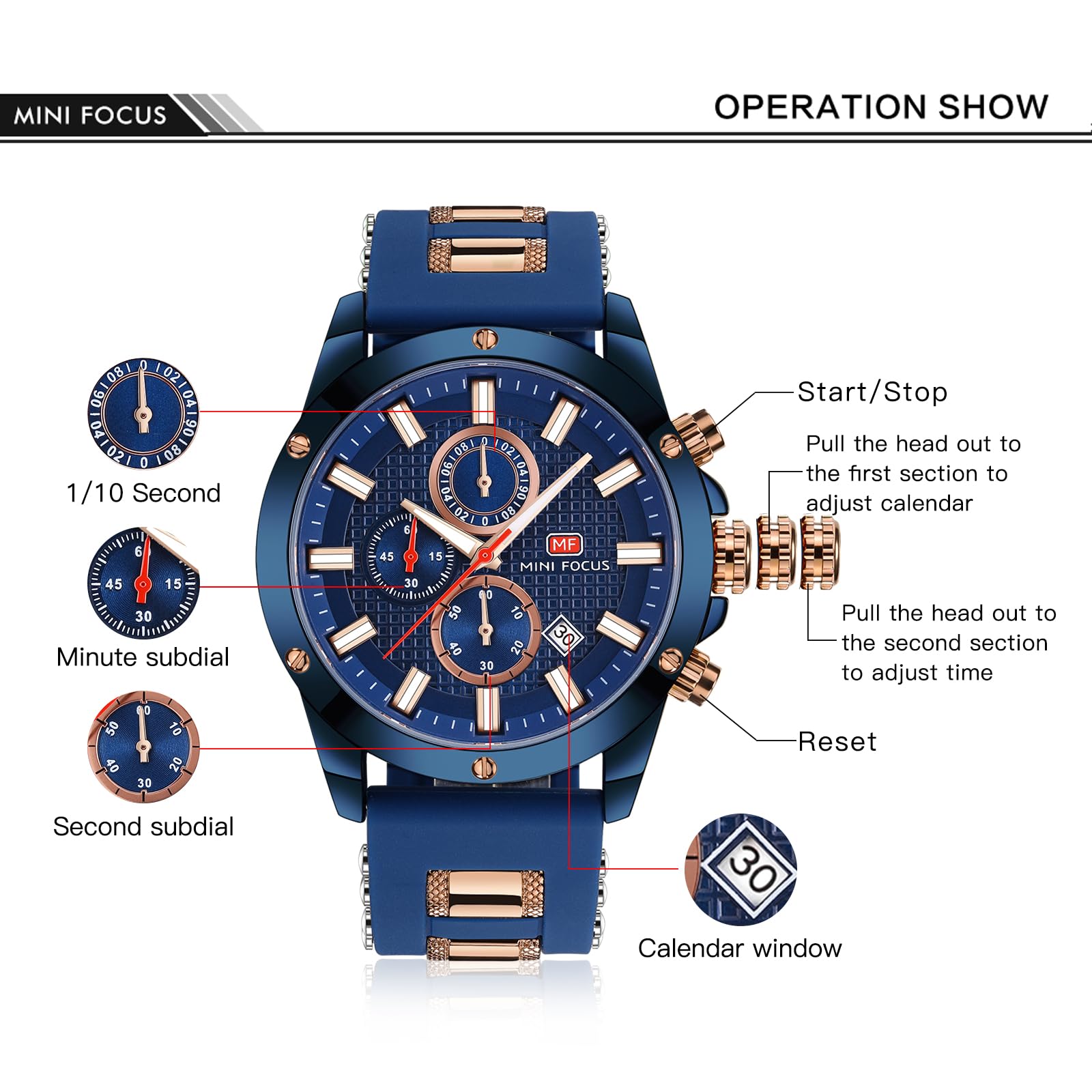 MINI Focus Mens Casual Sports Watch Waterproof Chronograph Luminous Calendar Silicon Band Fashion Quartz Blue for Men - View 5 of 6
