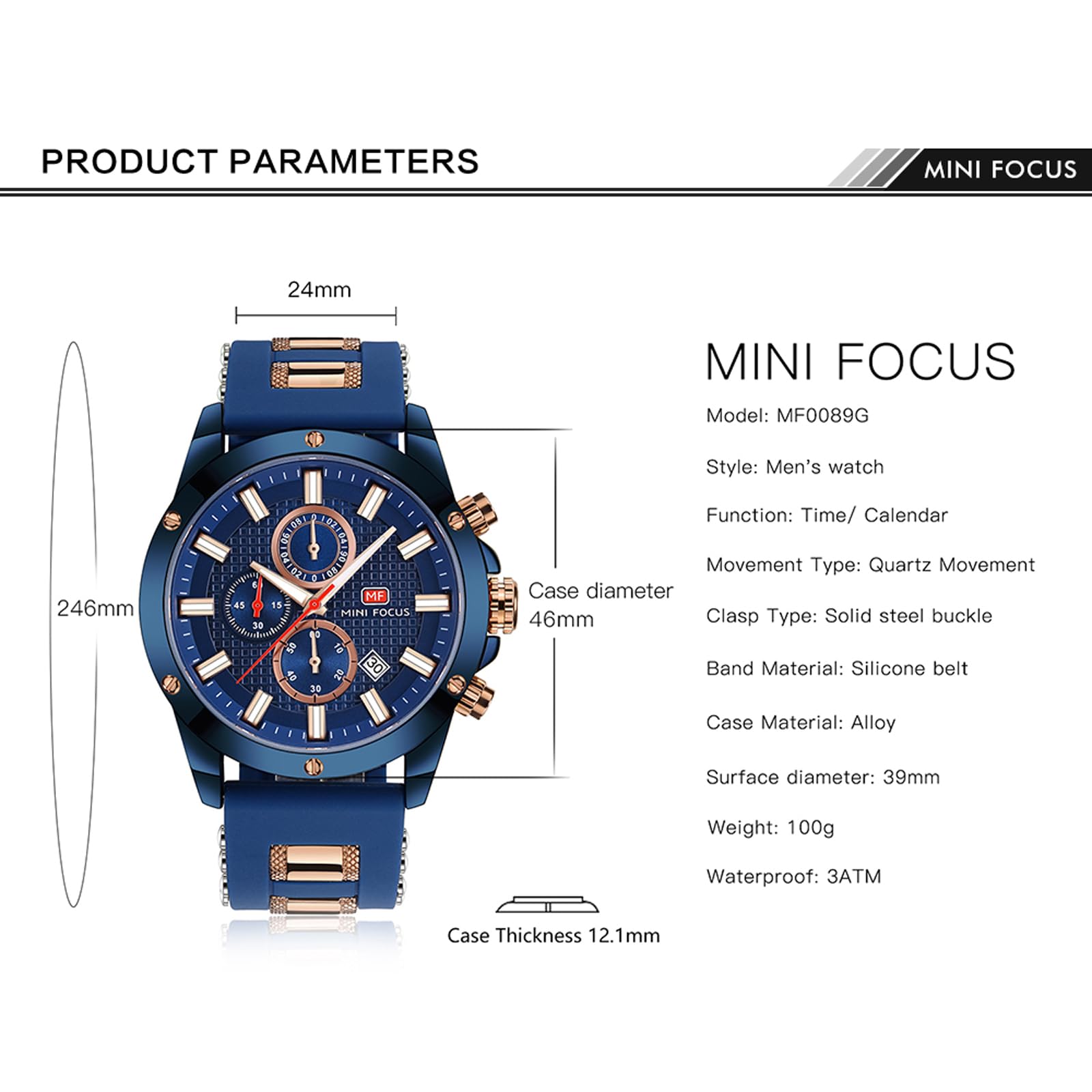 MINI Focus Mens Casual Sports Watch Waterproof Chronograph Luminous Calendar Silicon Band Fashion Quartz Blue for Men - View 6 of 6